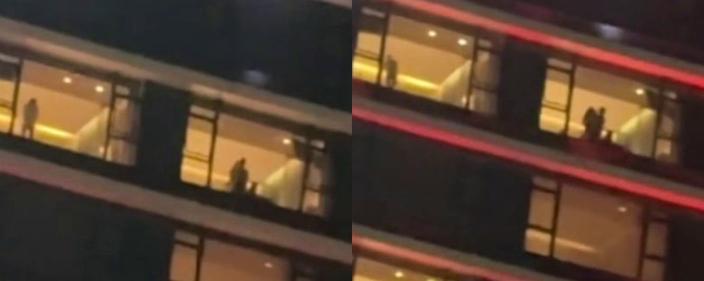 皇冠假日酒店十一楼落地窗前惊现活春宫  一男一女相互挨肏   隔壁老铁只好撸管爽玩